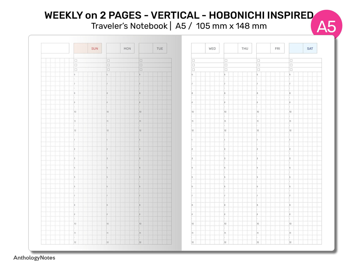 A5 Weekly View Grid HOBONICHI Inspired Traveler's Notebook Printable Insert - Undated Wo2P Vertical A5003
