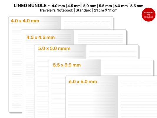 TN Standard LINED Pack Printable Refill Insert | 4 mm, 4.5 mm, 5 mm, 6 mm, 6.5 mm Traveler's Notebook RTN22-007