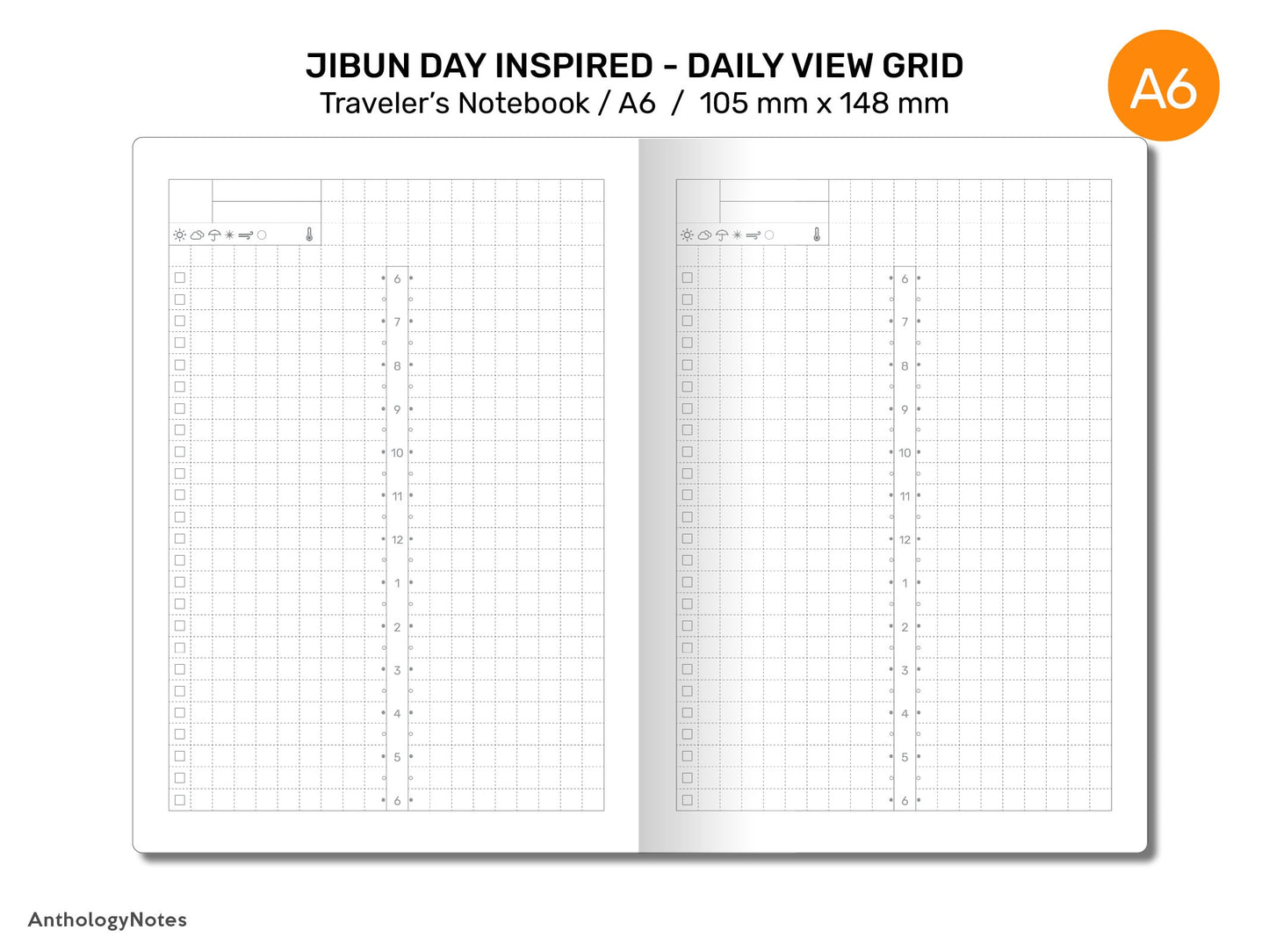 A6 TN Daily JIBUN Day Inspired Printable Traveler's Notebook Refill Insert GRID Undated A622-004