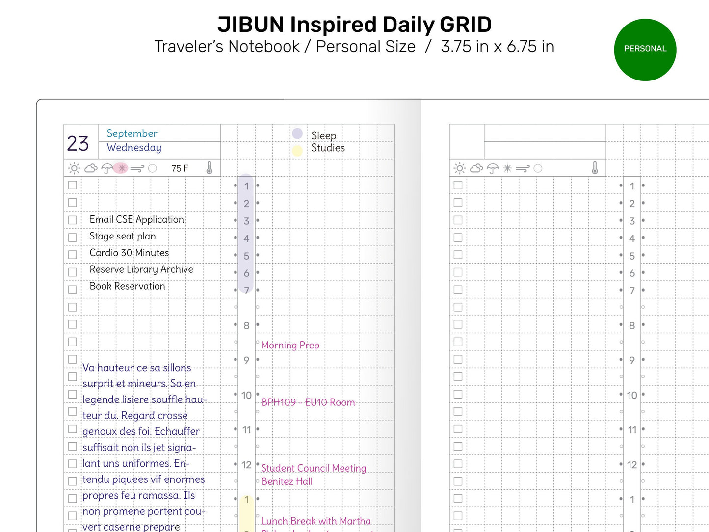 TN Personal JIBUN-Inspired Daily GRID Printable Insert Refill Traveler's Notebook PER22-005