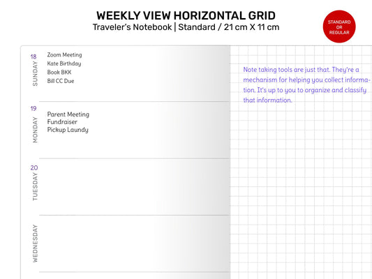 TN Standard Weekly View Horizontal GRID Classic Printable Traveler's Notebook Refill