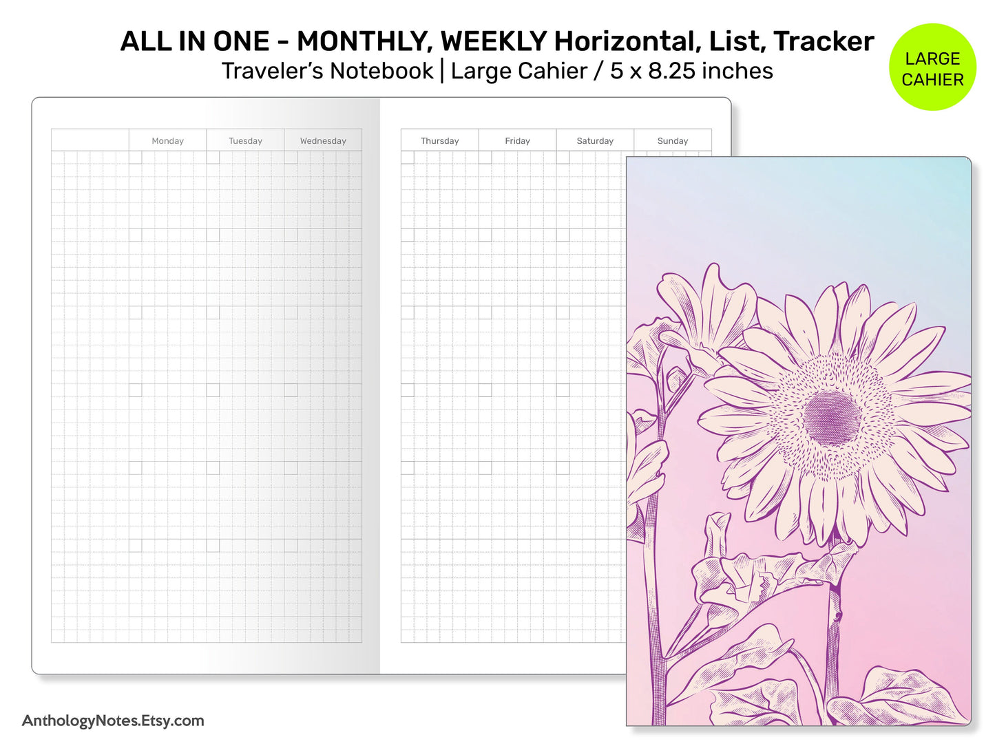 CAHIER TN All-in-ONE Insert, Monthly, Weekly Horizontal, List, Tracker, Notes Printable Traveler's Notebook Insert CH22-001