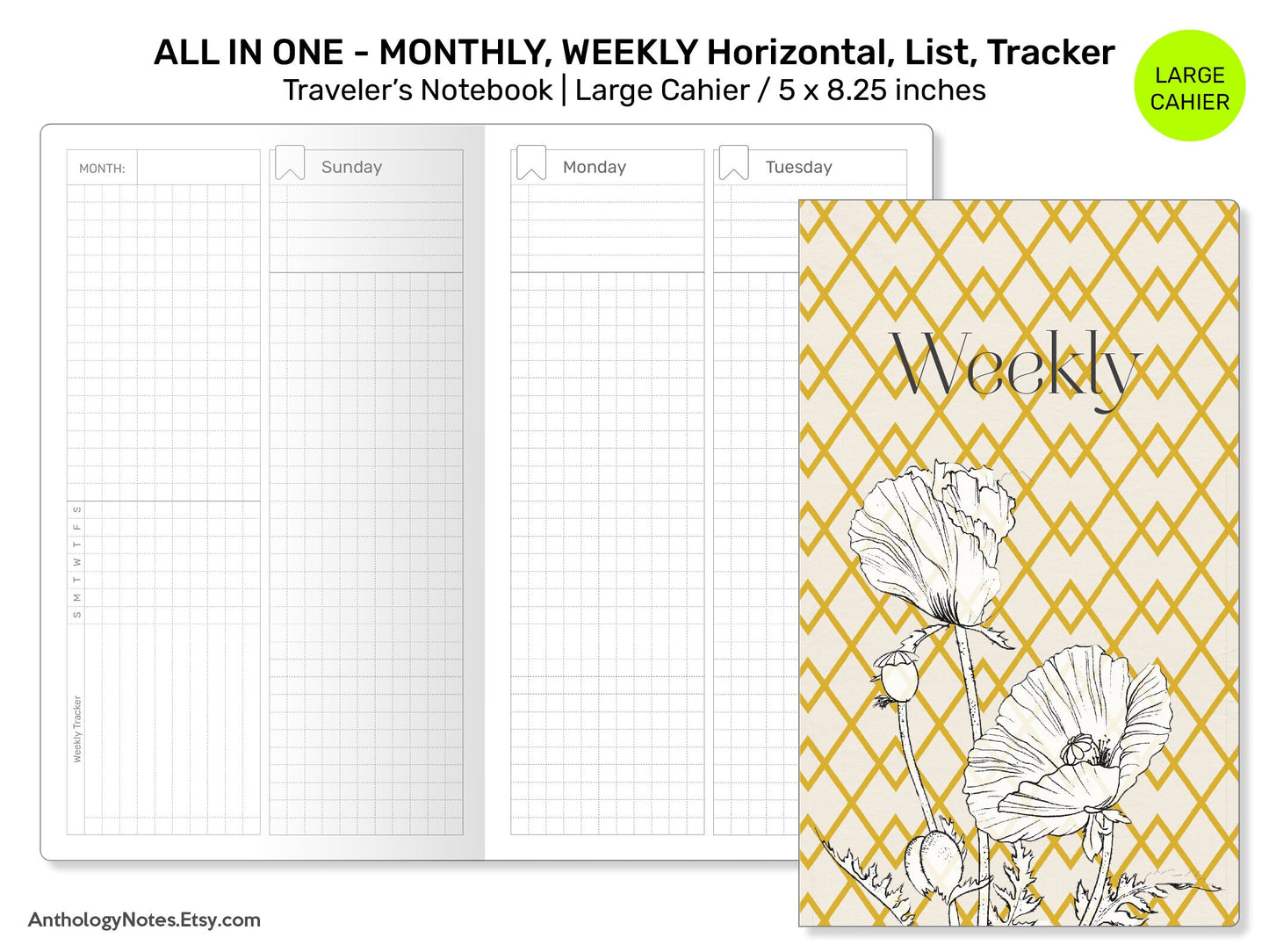 CAHIER TN Weekly GRID Insert Traveler's Notebook Vertical Wo4P Printable Planner with Tracker MCL003