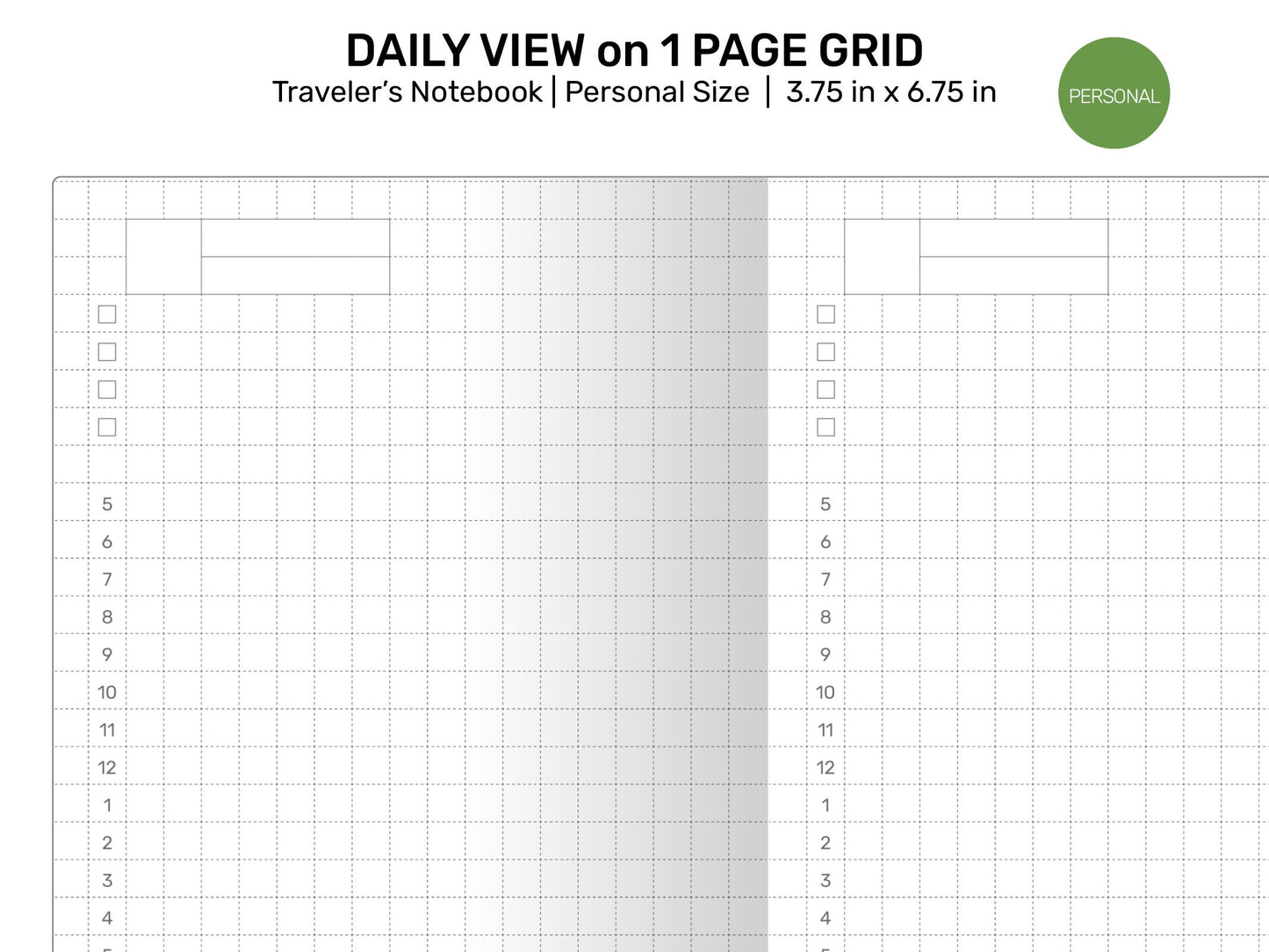 Personal Size TN GRID Daily View Do1P Printable Refill Traveler's Notebook Insert Minimalist Functional