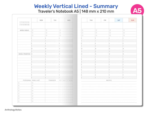 TN A5 Weekly Vertical Summary Wo2P Lined with Weekly Tracker Printable Traveler's Notebook Insert