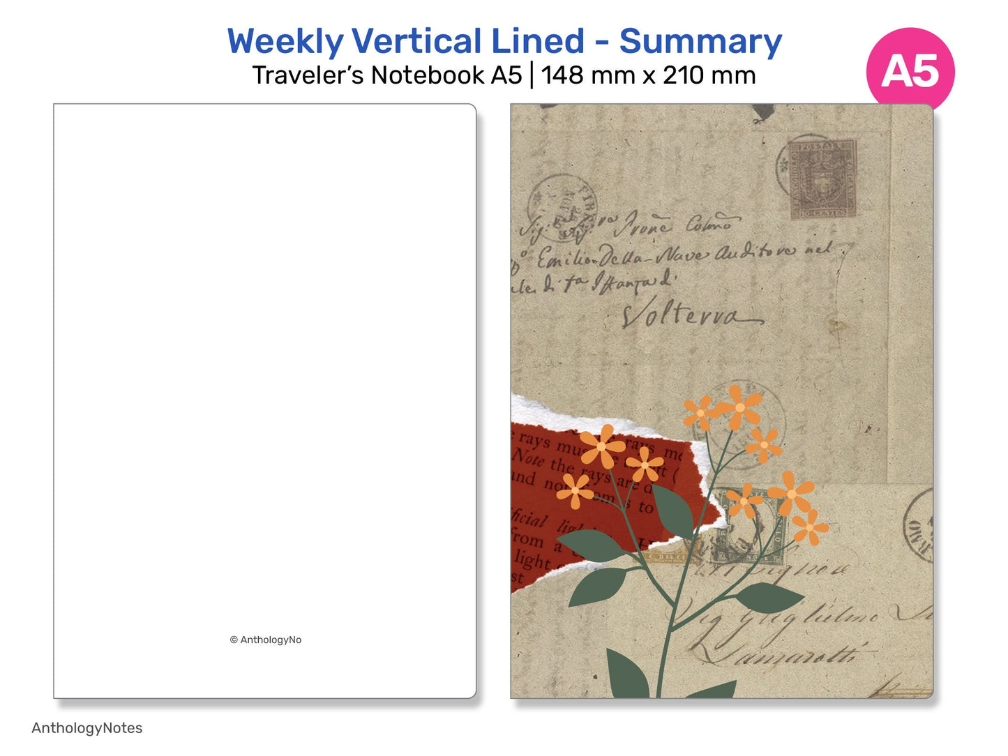 TN A5 Weekly Vertical Summary Wo2P Lined with Weekly Tracker Printable Traveler's Notebook Insert