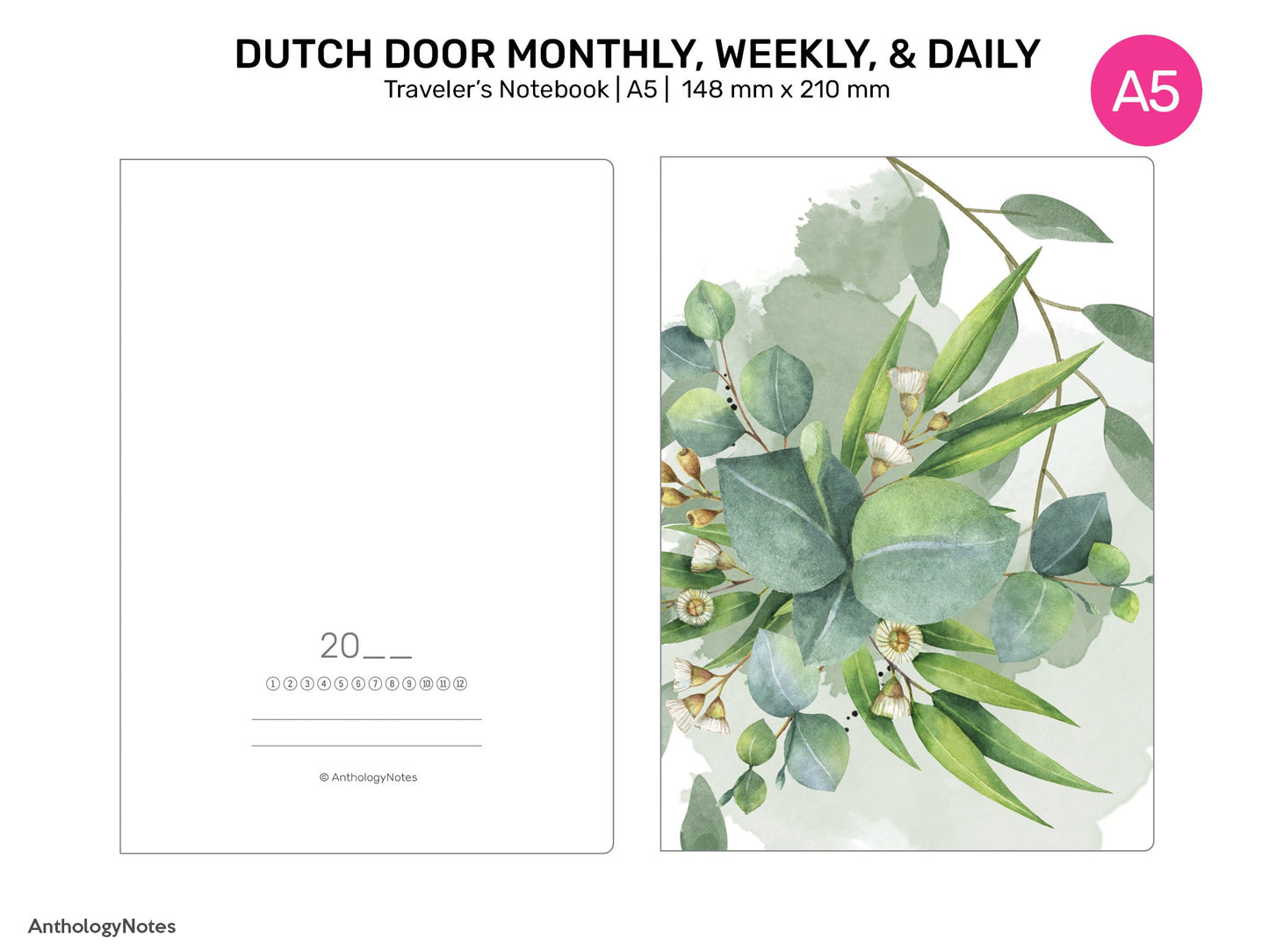 A5 TN Dutch Door Style Traveler's Notebook Printable Insert Daily, Weekly, Monthly Grid Minimalist DD-A5001