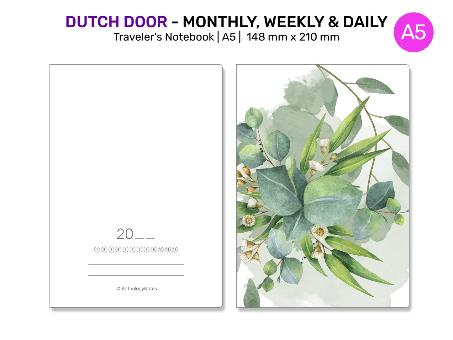 A5 TN Dutch Door Style Traveler's Notebook Printable Insert Daily, Weekly, Monthly Grid Minimalist DD-A5001