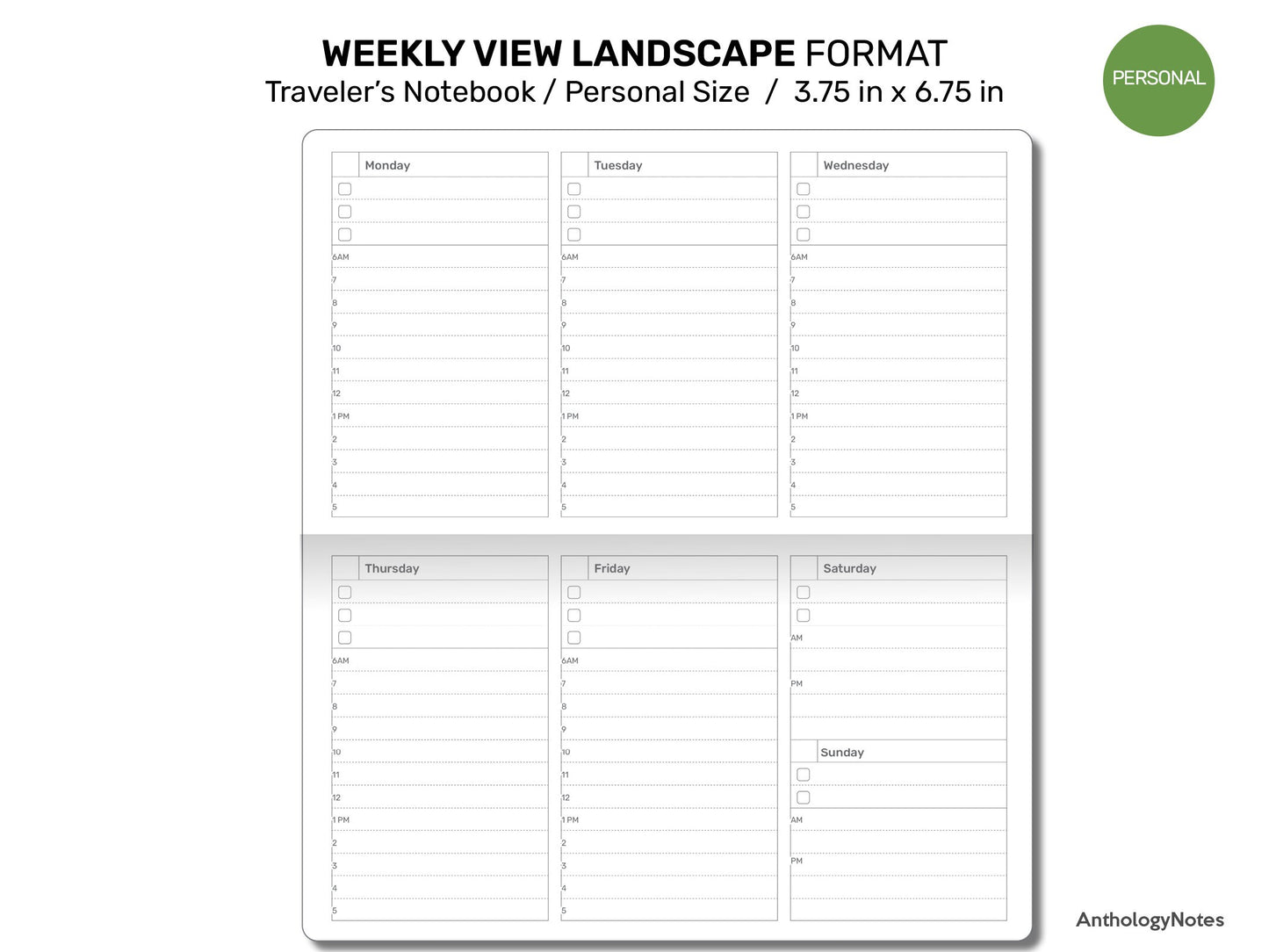 TN Personal Weekly LANDSCAPE FORMAT Undated Wo2P Printable Traveler's Notebook Insert