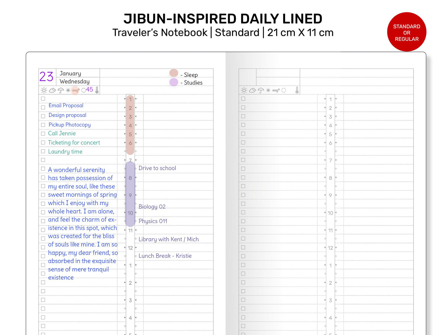 TN JIBUN Daily Inspired 24 Hour Timetrack LINED Version Standard Traveler's Notebook Printable Planner Insert RTN22-006A