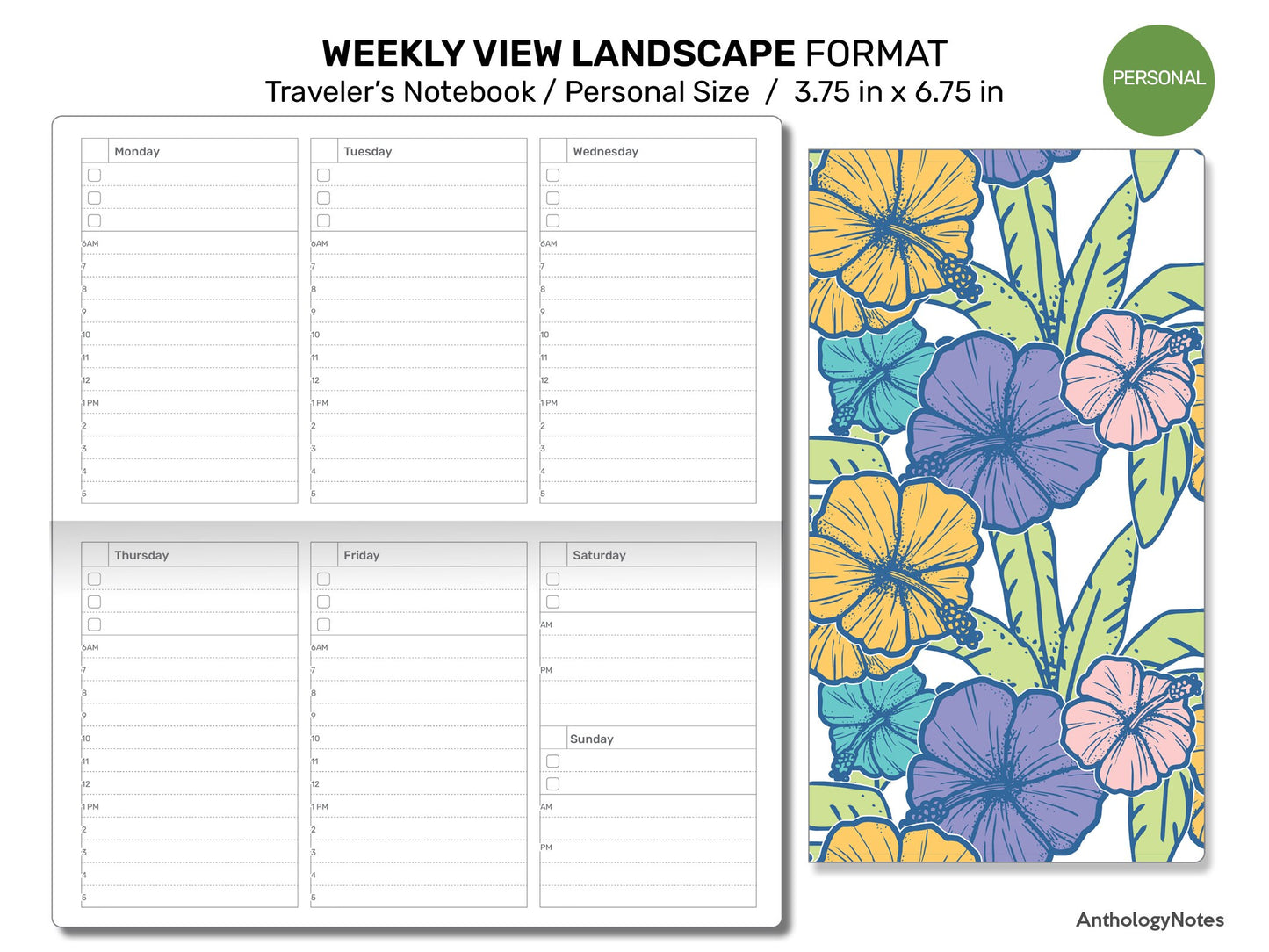 TN Personal Weekly LANDSCAPE FORMAT Undated Wo2P Printable Traveler's Notebook Insert