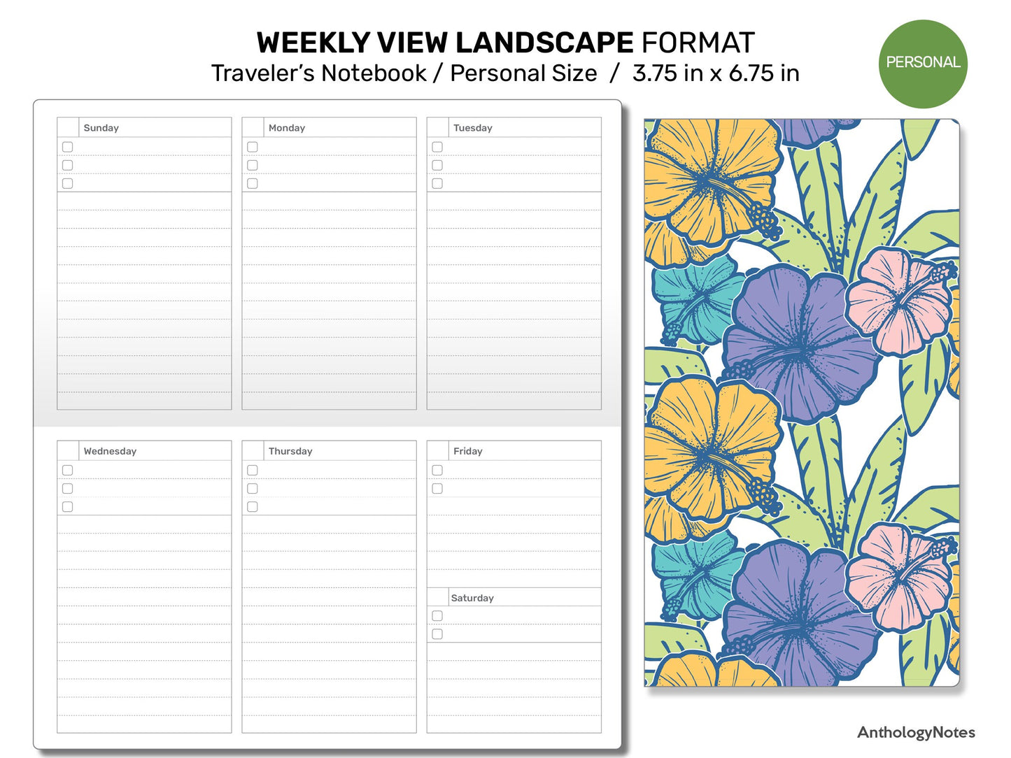 TN Personal Weekly LANDSCAPE FORMAT Undated Wo2P Printable Traveler's Notebook Insert