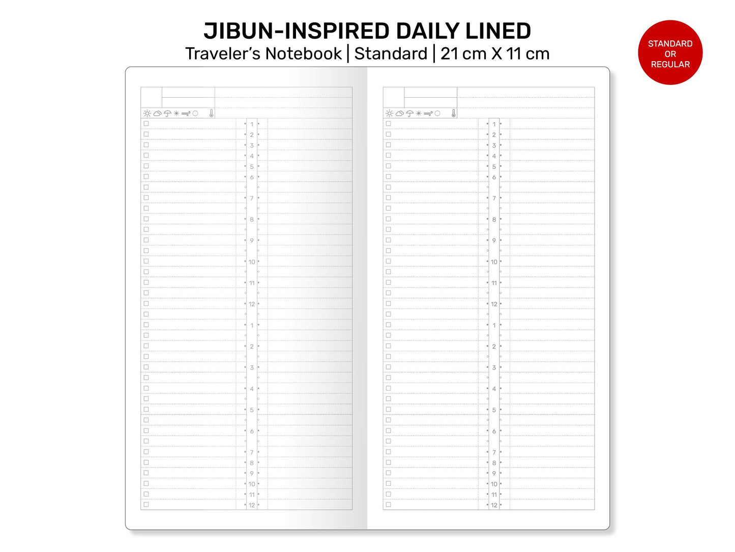 TN JIBUN Daily Inspired 24 Hour Timetrack LINED Version Standard Traveler's Notebook Printable Planner Insert RTN22-006A