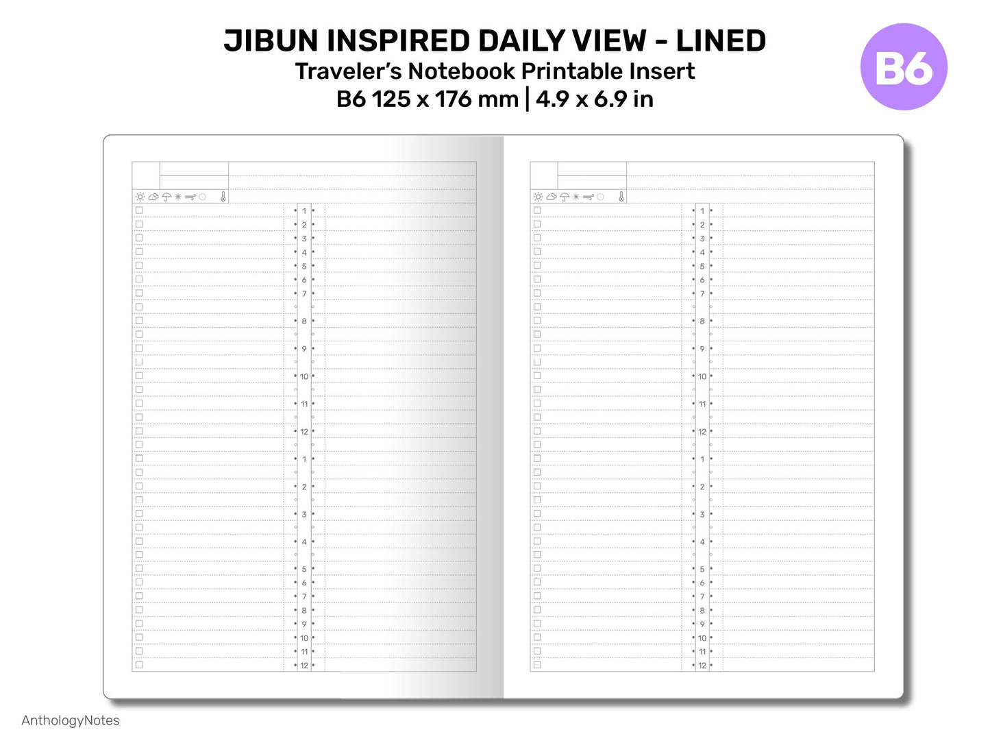 B6 Daily JIBUN-Inspired Printable Traveler's Notebook Insert Minimalist LINED B622-005A