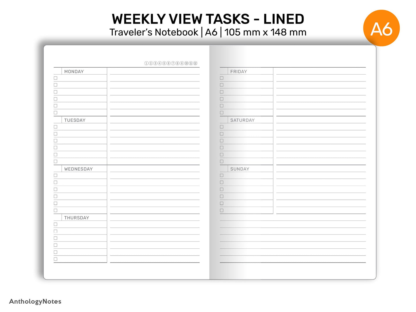A6 TN Weekly Horizontal Task List Lined Printable Traveler's Notebook Refill Insert Minimalist