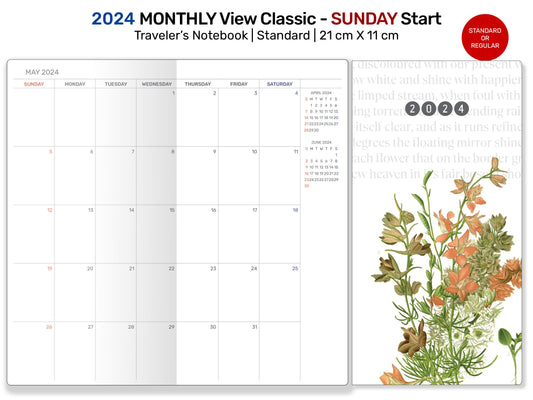 2024 Monthly View SUNDAY Start Traveler's Notebook Printable Insert Minimalist Diary Mo2P -DSTN007B