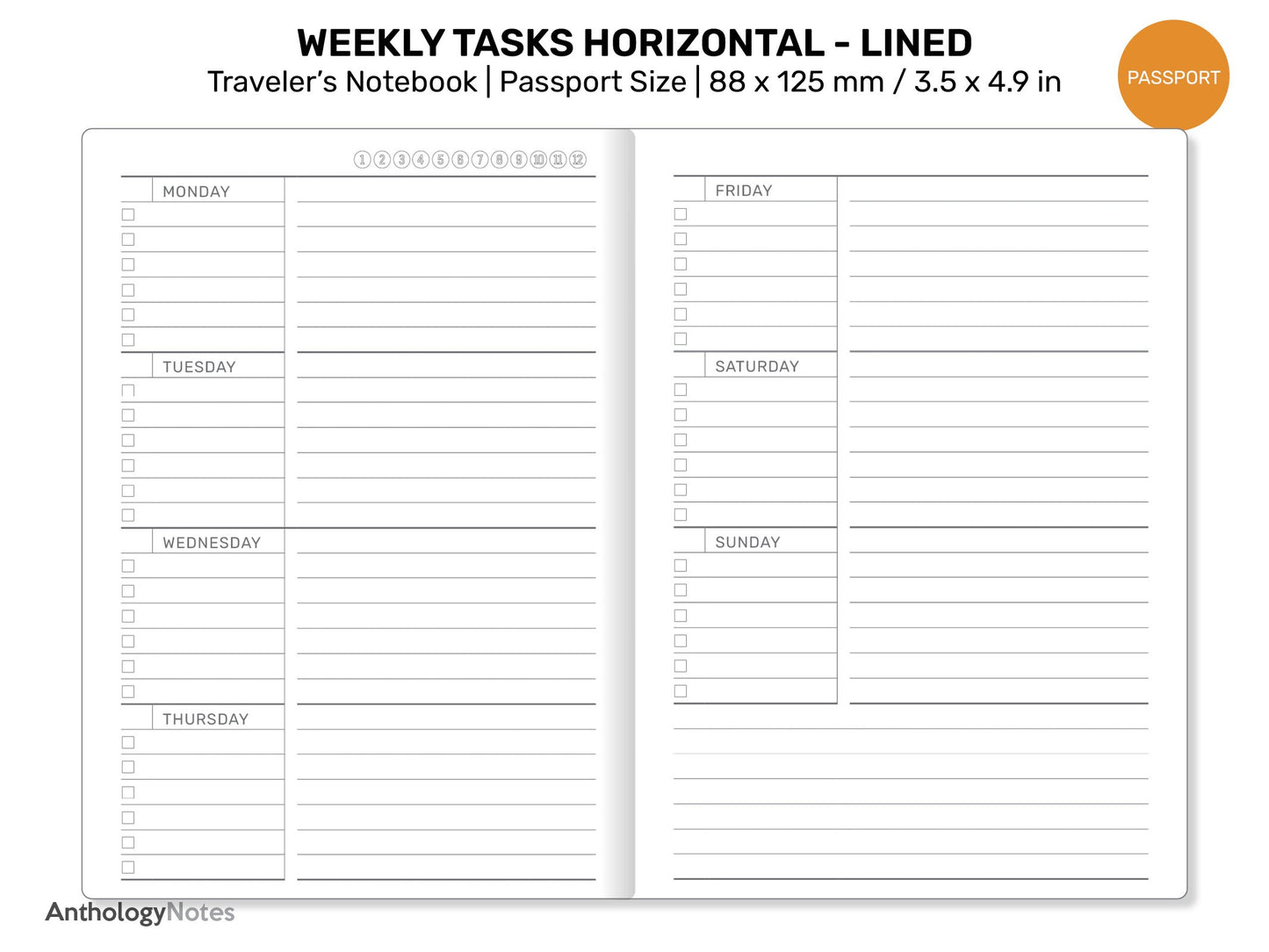 TN PASSPORT Weekly Horizontal Tasks List & Notes Lined Printable Refill Traveler's Notebook PP22-007