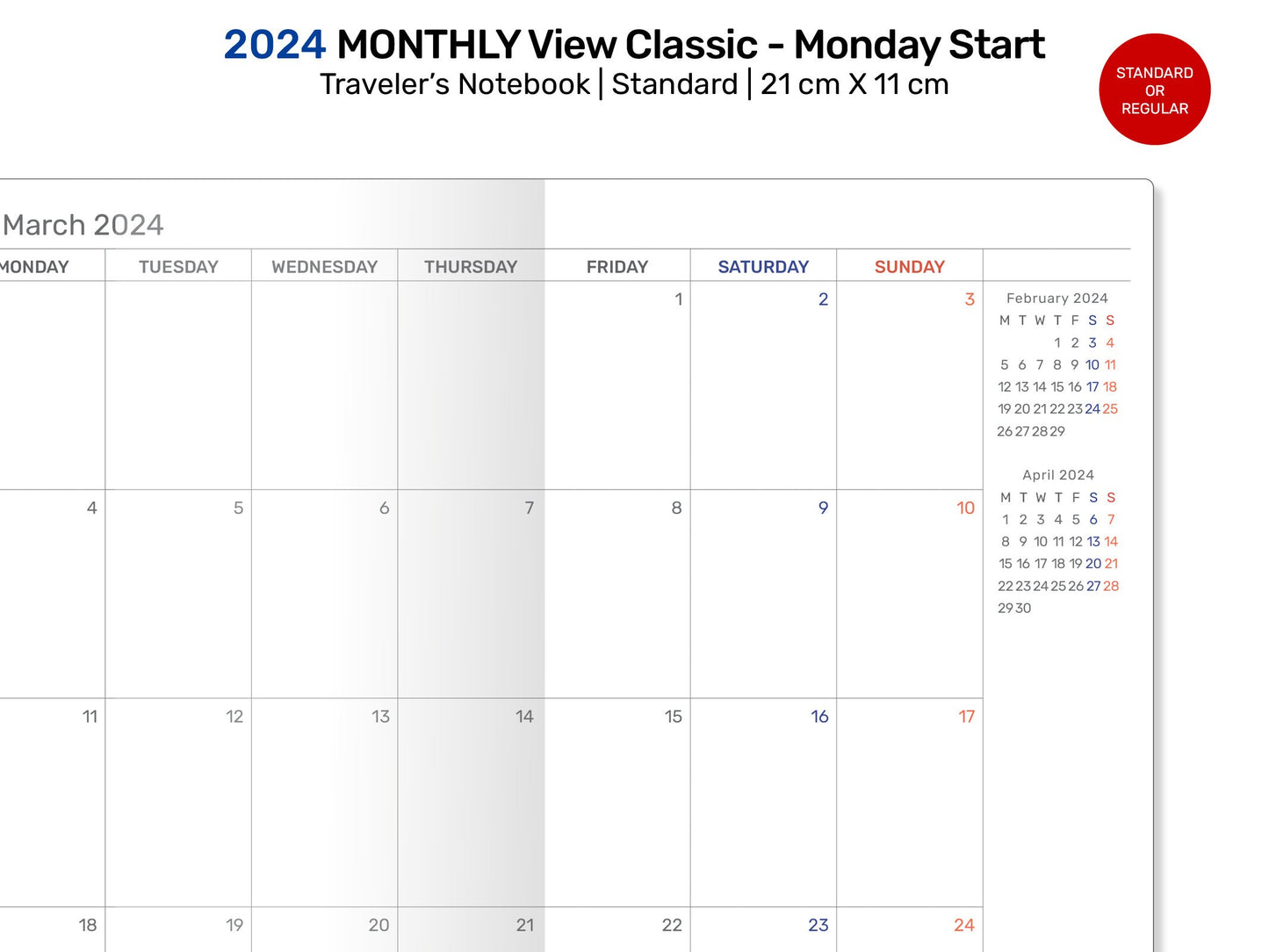2024 MONTHLY View Insert Standard Size Traveler's Notebook - Printable Insert Diary MONDAY Start DSTN007