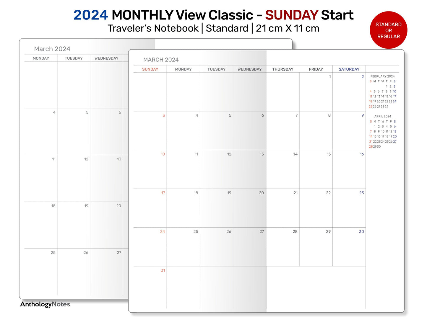 2024 Monthly View SUNDAY Start Traveler's Notebook Printable Insert Minimalist Diary Mo2P -DSTN007B