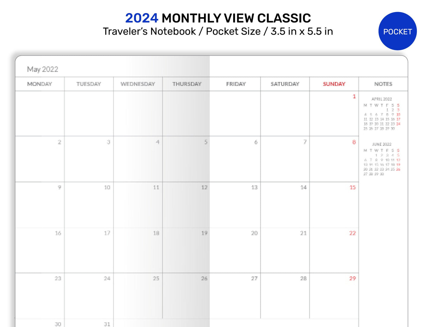 2024 POCKET Monthly Diary Classic MINIMALIST Traveler's Notebook Printable Insert Mo2P DFN007