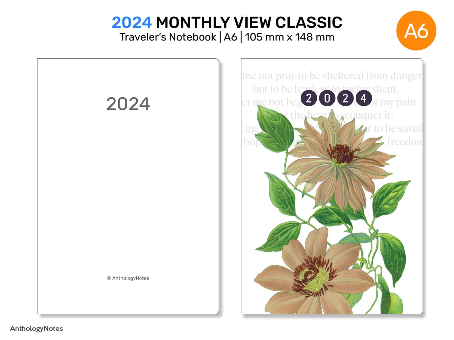 TN A6 2024 MONTHLY View SUNDAY Start Printable Insert Traveler's Notebook Mo2P Minimalist - DA6009S-2024