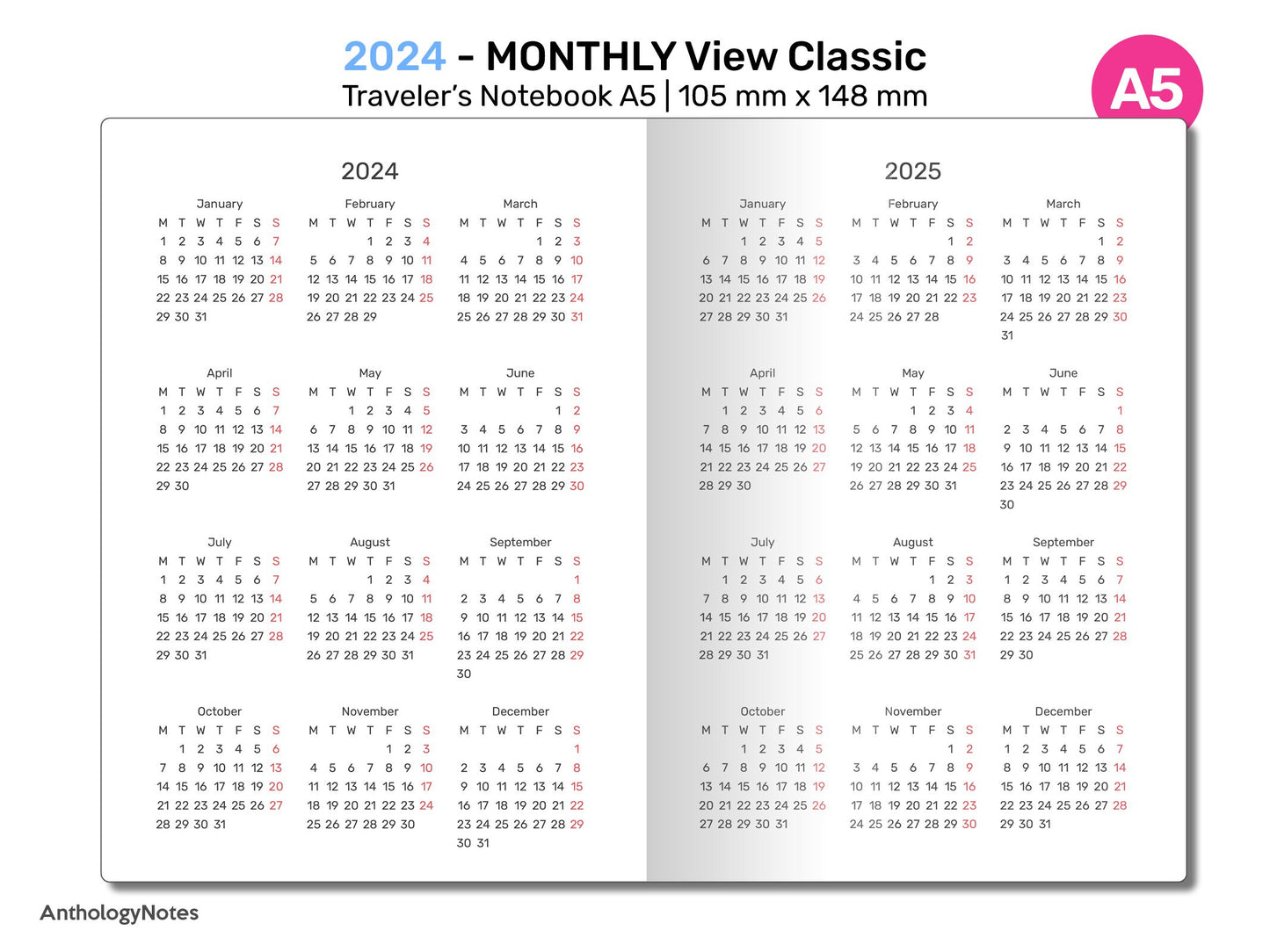 2024 Monthly Planner A5 TN Printable Insert Traveler's Notebook Mo2P Minimalist DA5001
