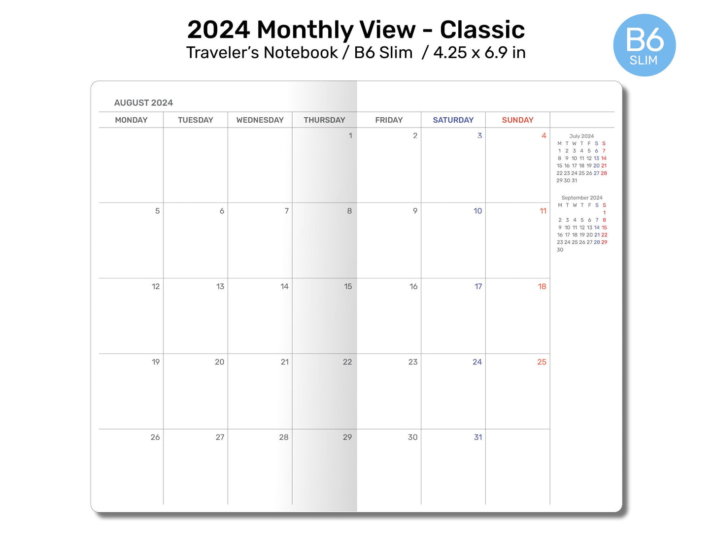 B6 SLIM 2024 Monthly Planner Printable Insert Traveler's Notebook Mo2P Minimalist DB6SL002