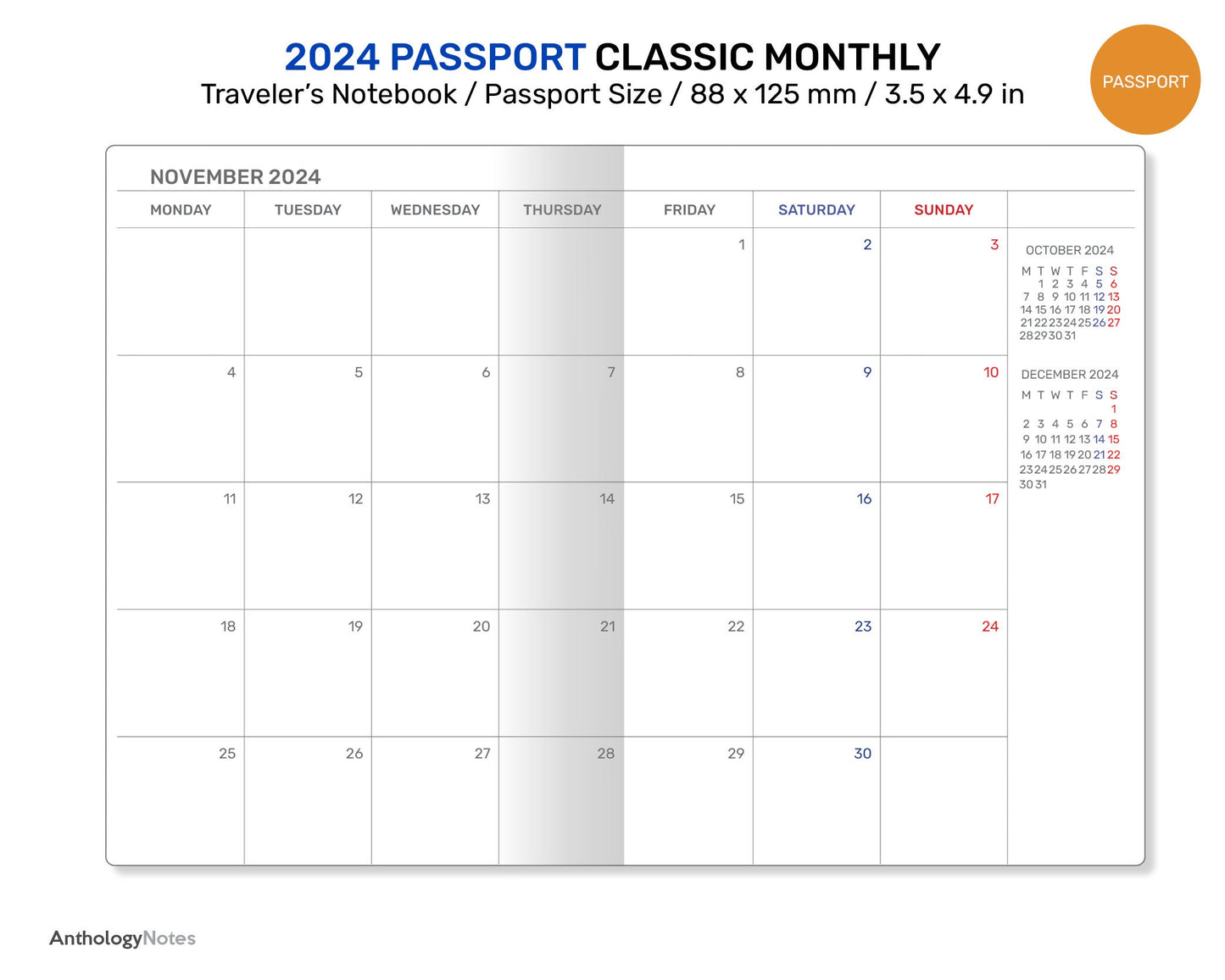 2024 PASSPORT Monthly Classic Minimalist Diary Traveler's Notebook Printable Insert Mo2P