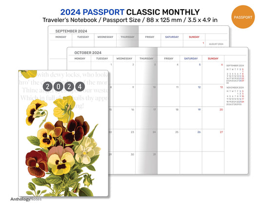 2024 PASSPORT Monthly Classic Minimalist Diary Traveler's Notebook Printable Insert Mo2P