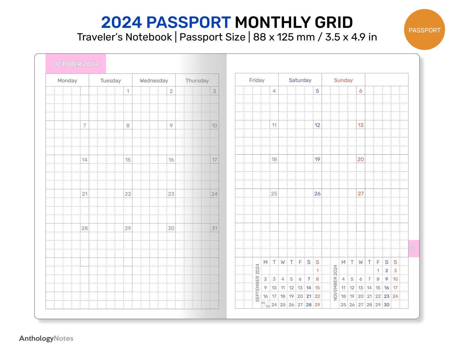 2024 PASSPORT Monthly Diary GRID Traveler's Notebook Printable Insert Mo2P Minimalist DPP003-2024