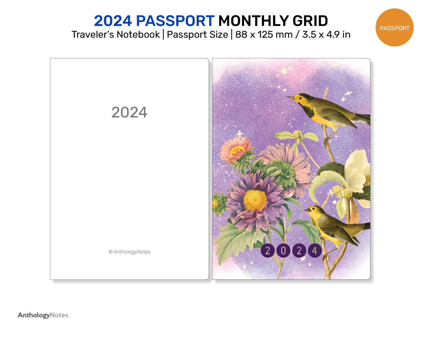 2024 PASSPORT Monthly Diary GRID Traveler's Notebook Printable Insert Mo2P Minimalist DPP003-2024