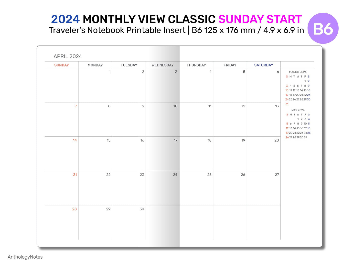 2024 TN B6 Monthly Planner Printable Insert Traveler's Notebook Mo2P Minimalist SUNDAY Start DB6009S-2024