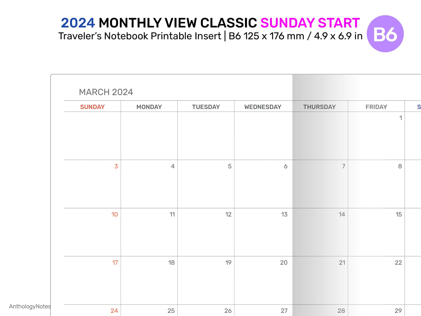 2024 TN B6 Monthly Planner Printable Insert Traveler's Notebook Mo2P Minimalist SUNDAY Start DB6009S-2024