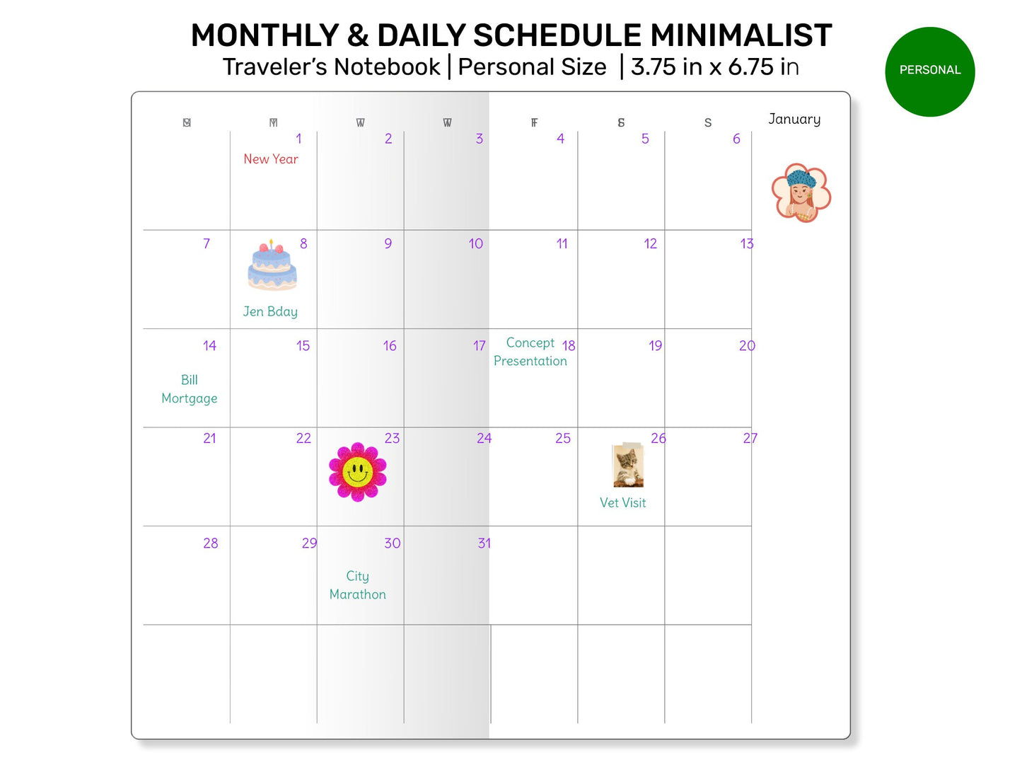 TN Personal Size MONTHLY & DAILY Schedule Printable Refill Insert Traveler's Notebook Insert Minimalist | PER22-008