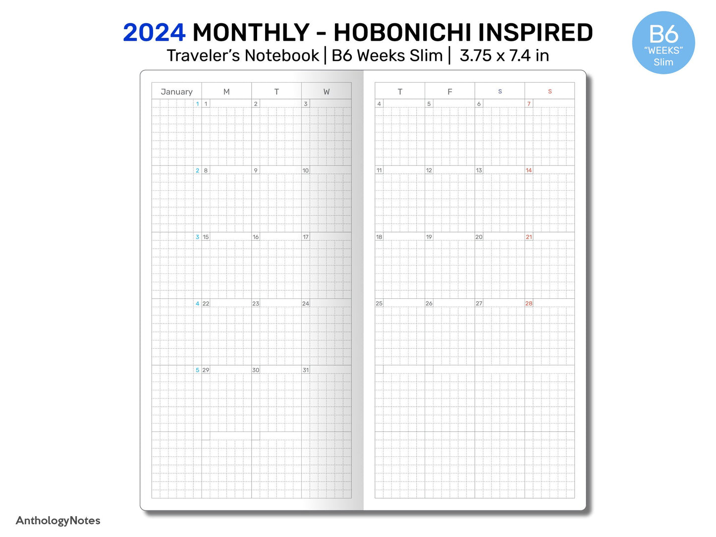 2024 WEEKS Slim Monthly Hobonichi Weeks Inspired Layout GRID Monday - DHBW003