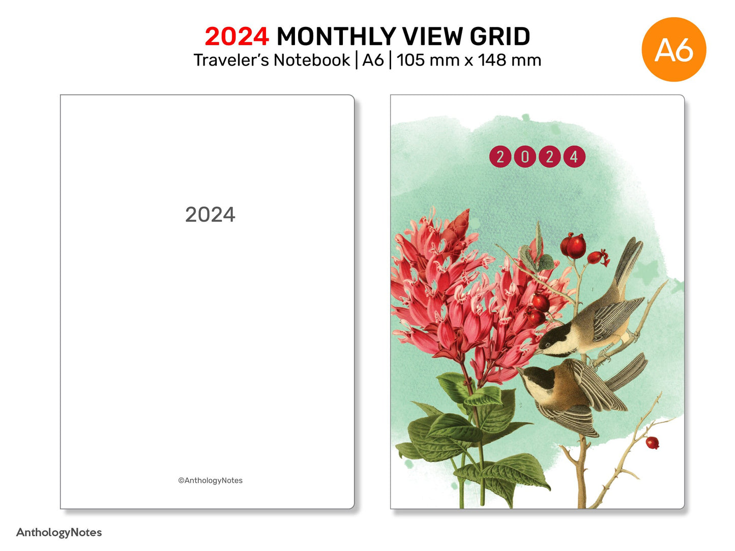 A6 2024 Monthly GRID Traveler's Notebook Printable Diary Insert DA6007B
