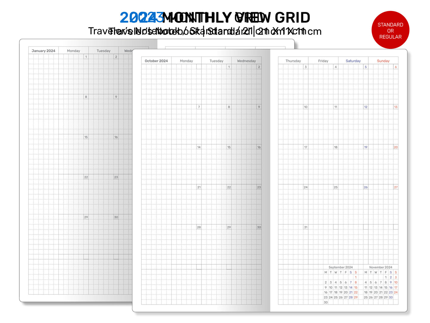 2024 Monthly GRID Standard TN Size Traveler's Notebook - Printable Insert Diary MONDAY Start DSTN008
