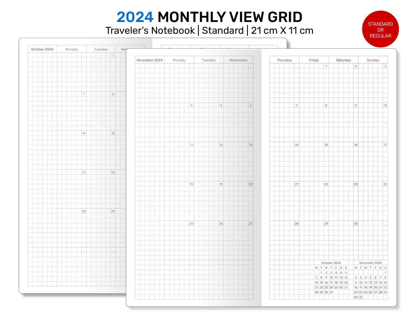 2024 Monthly GRID Standard TN Size Traveler's Notebook - Printable Insert Diary MONDAY Start DSTN008