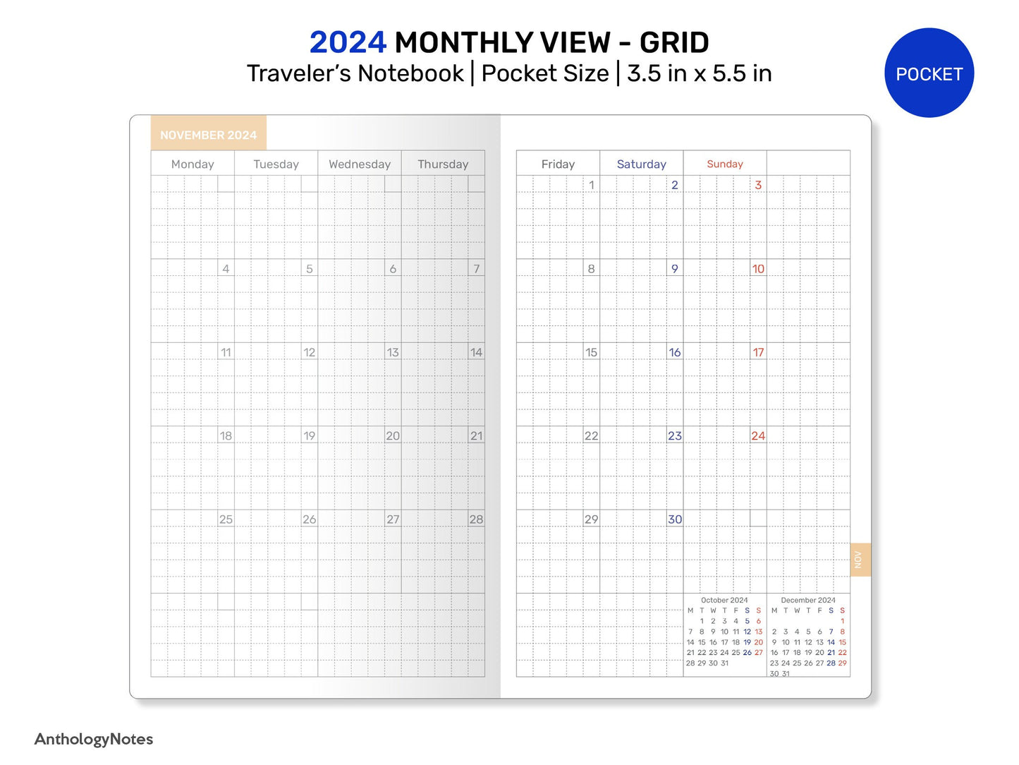 2024 POCKET Monthly GRID Traveler's Notebook Printable Insert