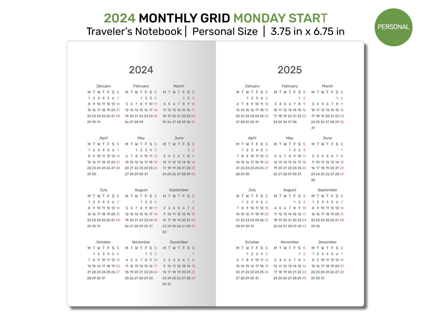 2024 Monthly GRID Personal Traveler's Notebook Printable Insert Mo2P