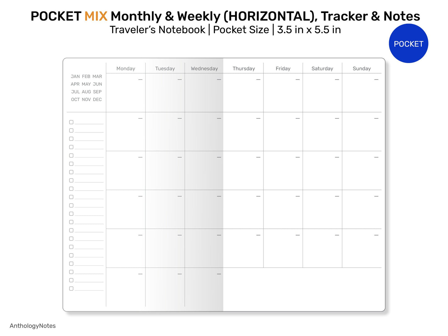 POCKET TN MIX Monthly, Weekly Horizontal, Monthly Habit Tracker, Notes & List Printable Traveler's Notebook Refill Insert FN22-003