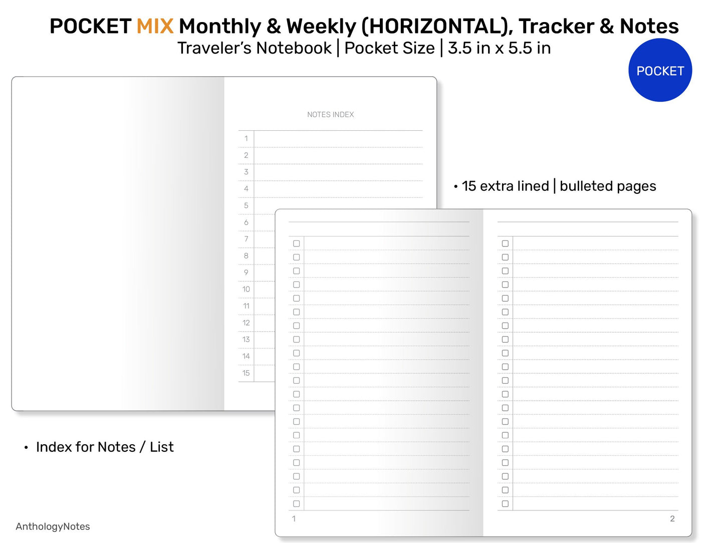 POCKET TN MIX Monthly, Weekly Horizontal, Monthly Habit Tracker, Notes & List Printable Traveler's Notebook Refill Insert FN22-003