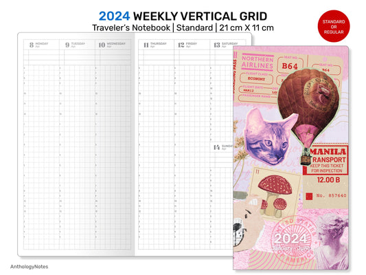 2024 Weekly VERTICAL GRID TN Minimalist Functional Printable Traveler's Notebook Insert DSTN004B