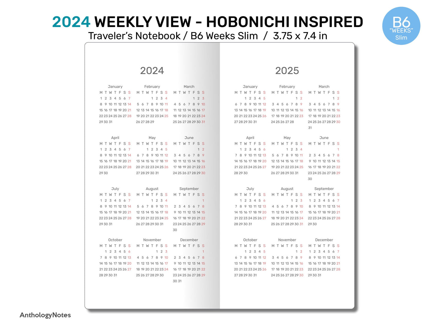 2024 WEEKS Slim Weekly Horizontal Hobonichi Weeks Inspired Traveler's Notebook Printable Insert