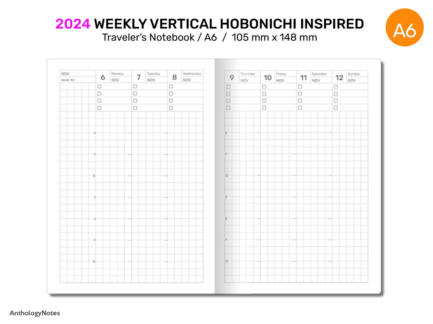 A6 2024 Weekly Vertical Hobonichi Inspired GRID Printable Traveler's Notebook Insert DA6004-2024