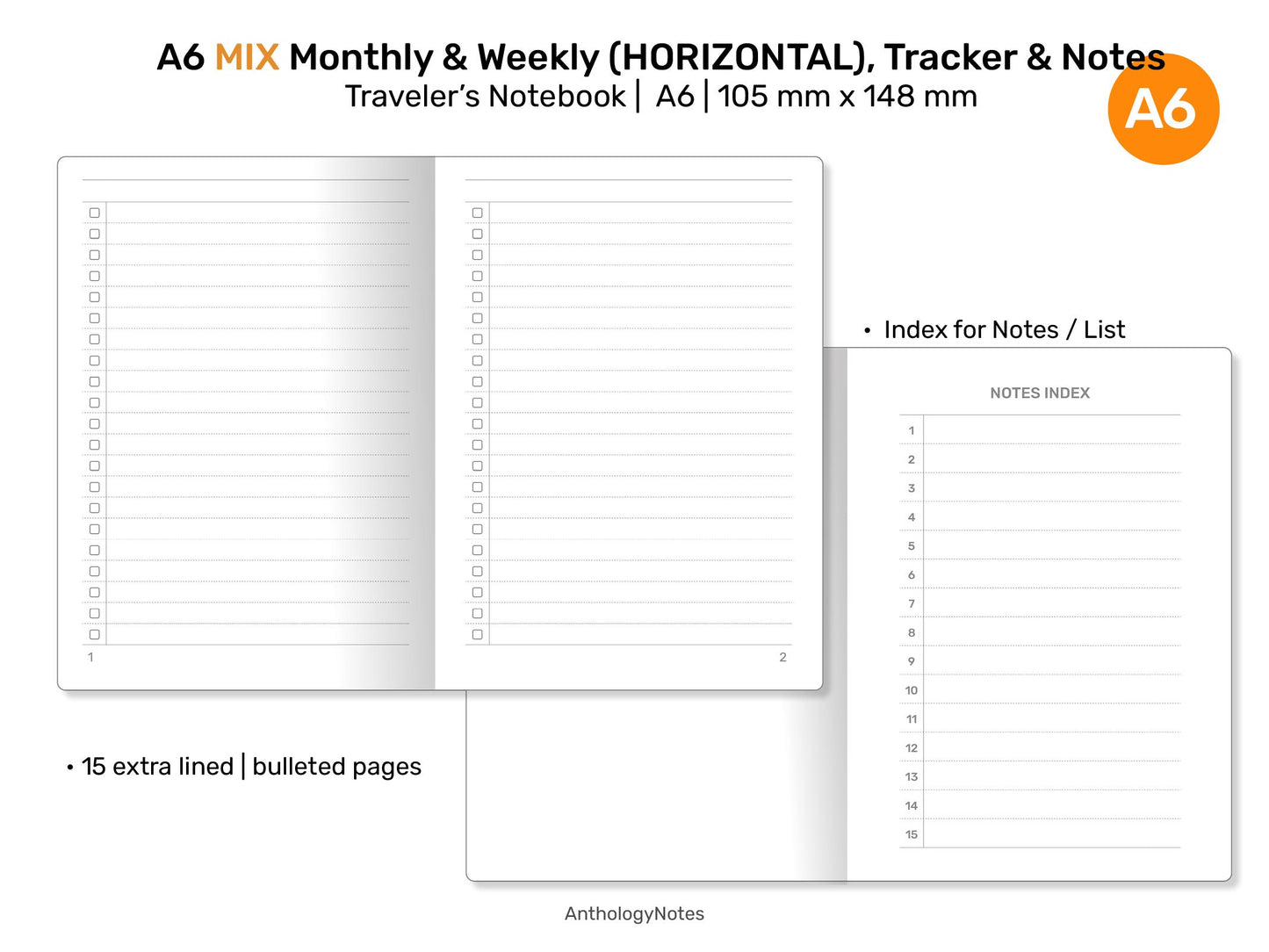 A6 MIX Monthly, Weekly Horizontal, Monthly Habit Tracker, Notes & List Printable Traveler's Notebook Refill Insert A622-006