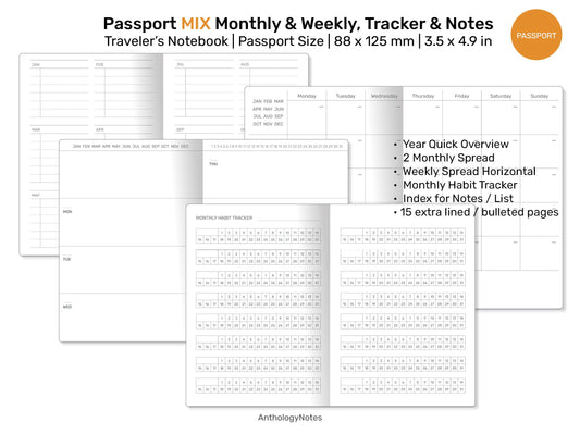 Passport TN MIX Monthly, Weekly Horizontal, Monthly Habit Tracker, Notes & List Printable Traveler's Notebook Refill Insert PPM-002