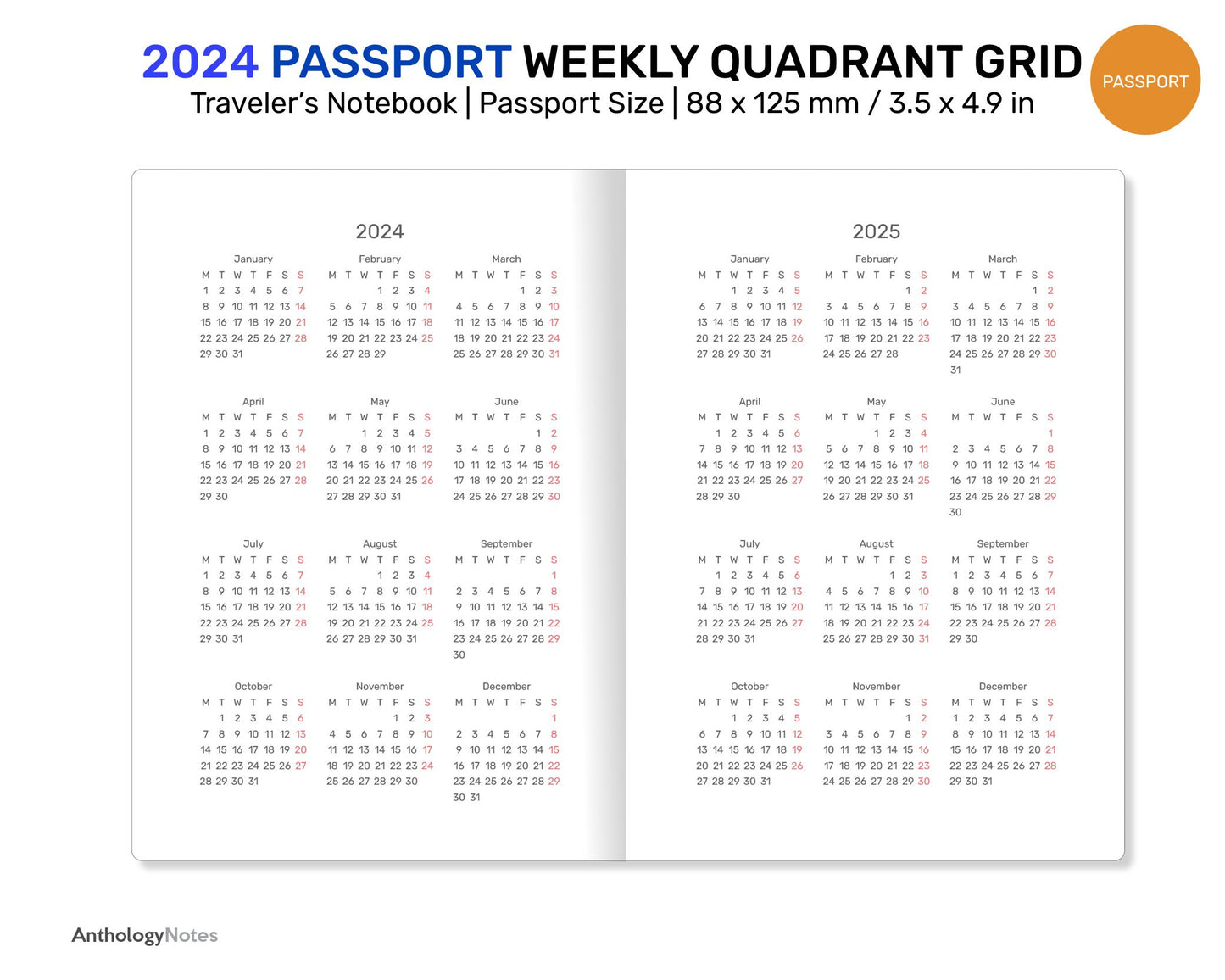 2024 Passport TN Weekly GRID QUADRANT Vertical Traveler's Notebook Printable Insert Functional Planning