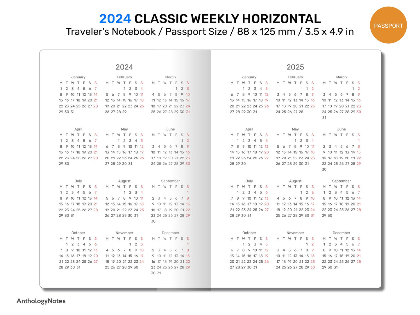 PASSPORT 2024 Diary Traveler's Notebook Printable WEEKLY View Horizontal Wo2P Minimalist DPP01