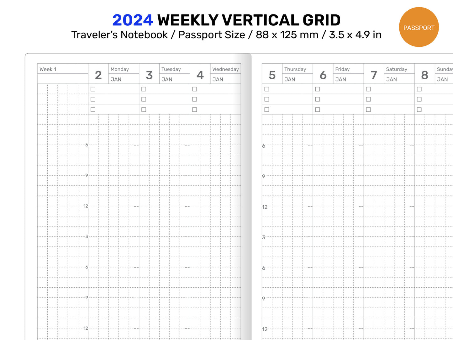 2024 Passport Weekly View GRID HOBONICHI inspired Printable Traveler's Notebook Minimalist Functional Planning